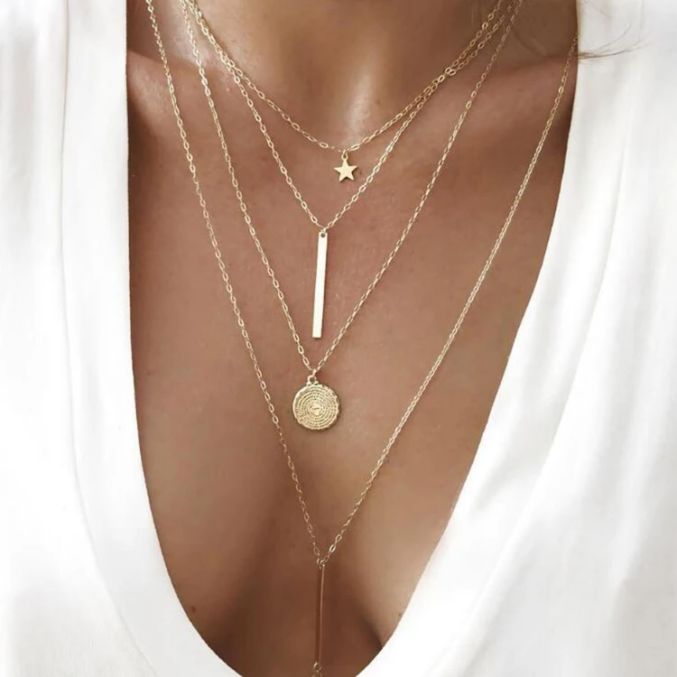 Latest Fashion Beach Gold Star Coin Pendant Necklace Designs Accessories Jewelry Women Multi Layered Chain Clavicular Necklace
