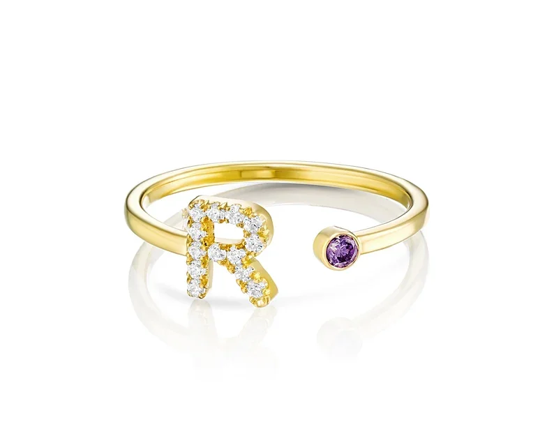 Initial 18K Gold Plated Birthstone Open  Alphabet Ring With Birthday Gemstone 925 Sterling Silver Rings for Girls
