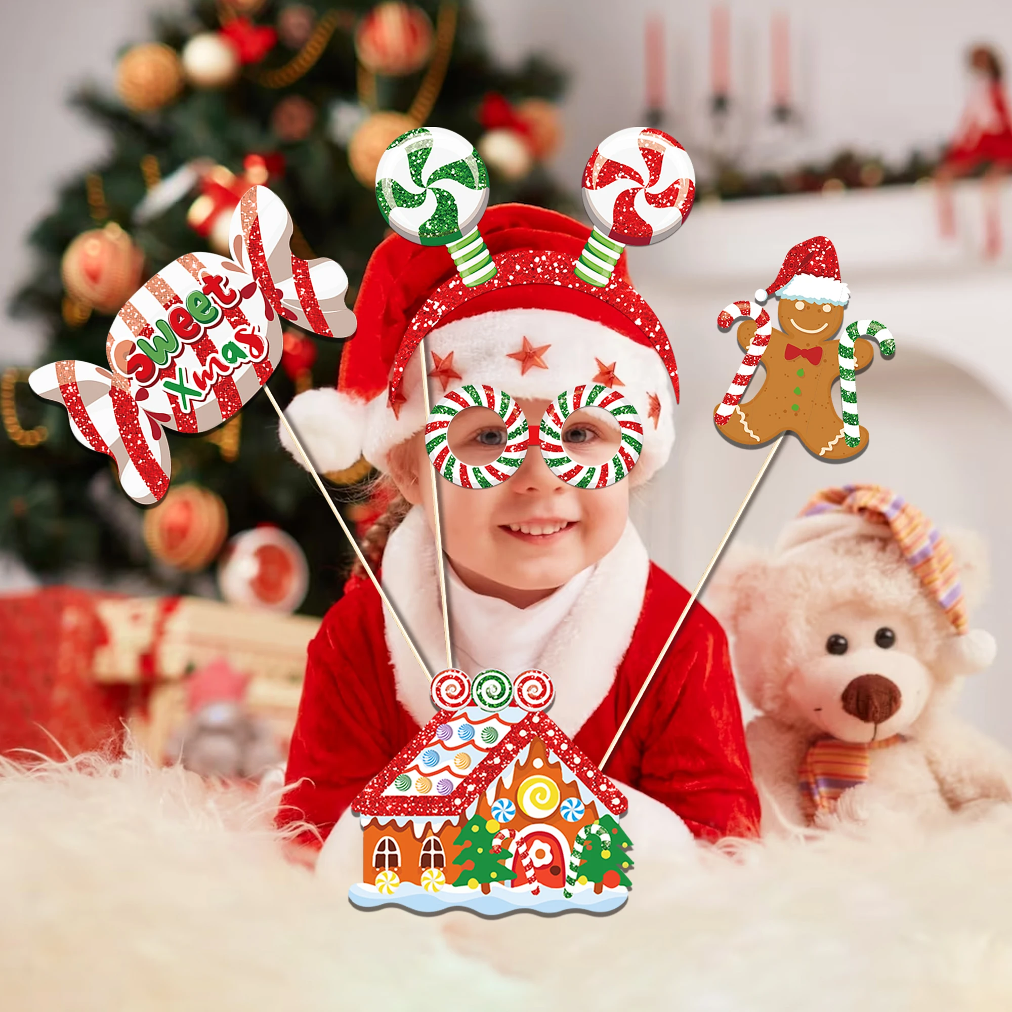 PZ293 Christmas Photo Booth Props Kit Snowman Flash Candy Photo Props Christmas Holiday Party Supplies