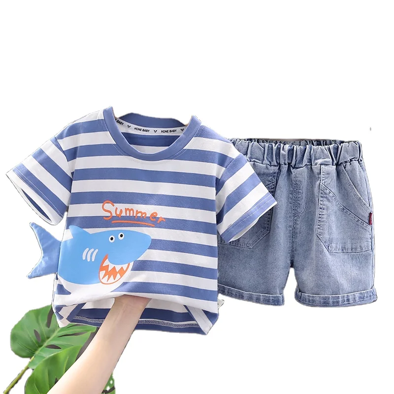 Boys summer short-sleeved  2023 new  style boy baby clothes Shark striped crew neck short-sleeved T-shirt+denim shorts two-piece