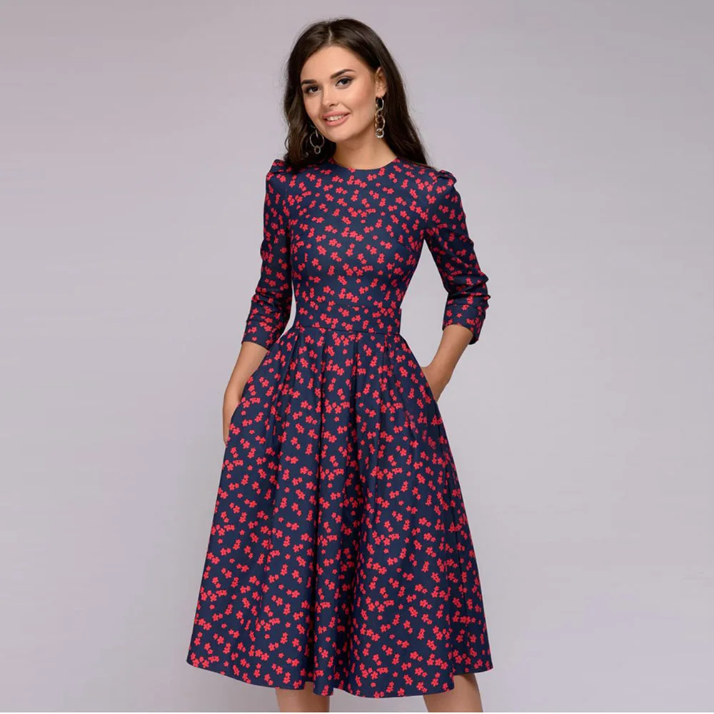 Women vintage retro 3/4 sleeve floral pattern a line swing party dress