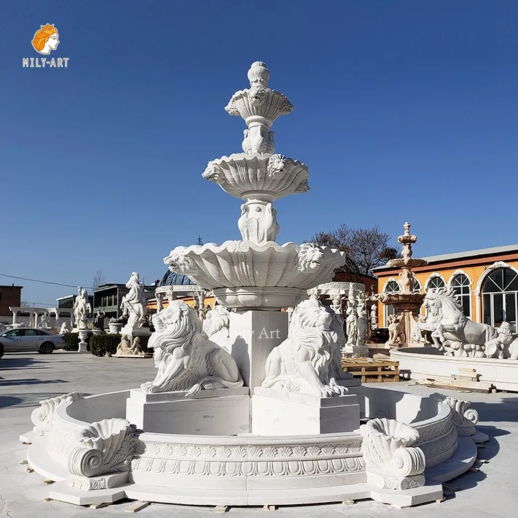 Hand Carved Large Resort Decoration White Natural Marble Animal Lion Statue Fountain