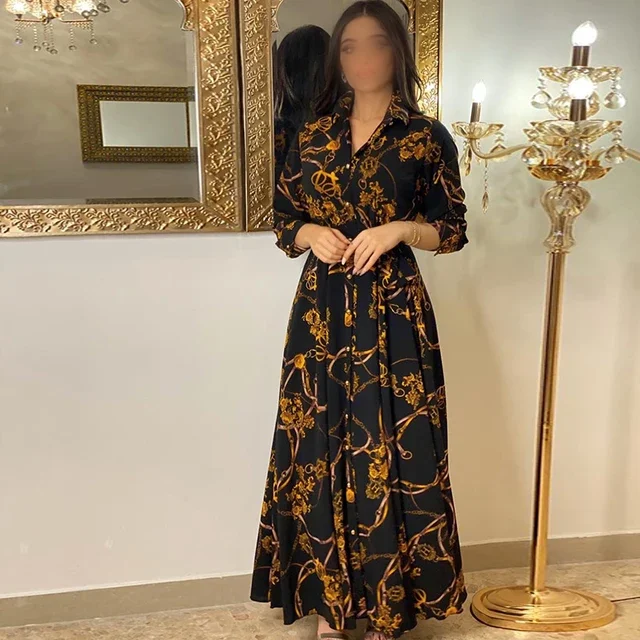 Latest Design Middle East Muslim Dress Indonesia Vintage Print Large Swing Skirt Shirt Dress Elegant Casual Dresses