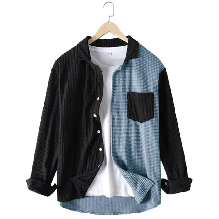 2022 Autumn Mens Contrast Patchwork Shirt Casual Corduroy Youth Premium Top Streetwear Men Lapel Pocket Long Sleeve Shirt