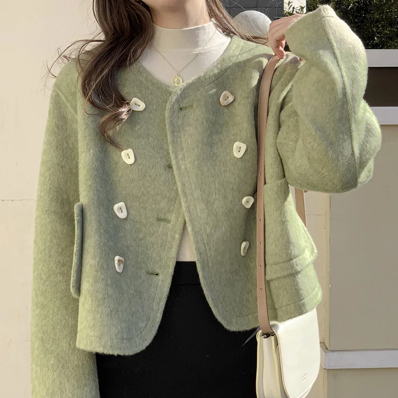 Wholesale Winter Women Woolen Coat Double-Breasted Short Ladies Elegant Cashmere Wool Pea Coat