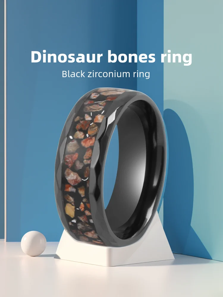 Unique and Stylish black zirconium Tungsten Carbide Ring with Dinosaur Bones Inlay titanium ring for Men