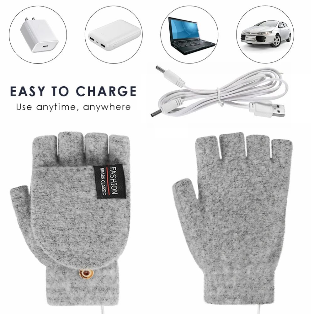 USB Electric Heated Glove 2-Side Heating Convertible Fingerless Knitted Mittens Waterproof Cycling Skiing Adjustable Heat Gloves
