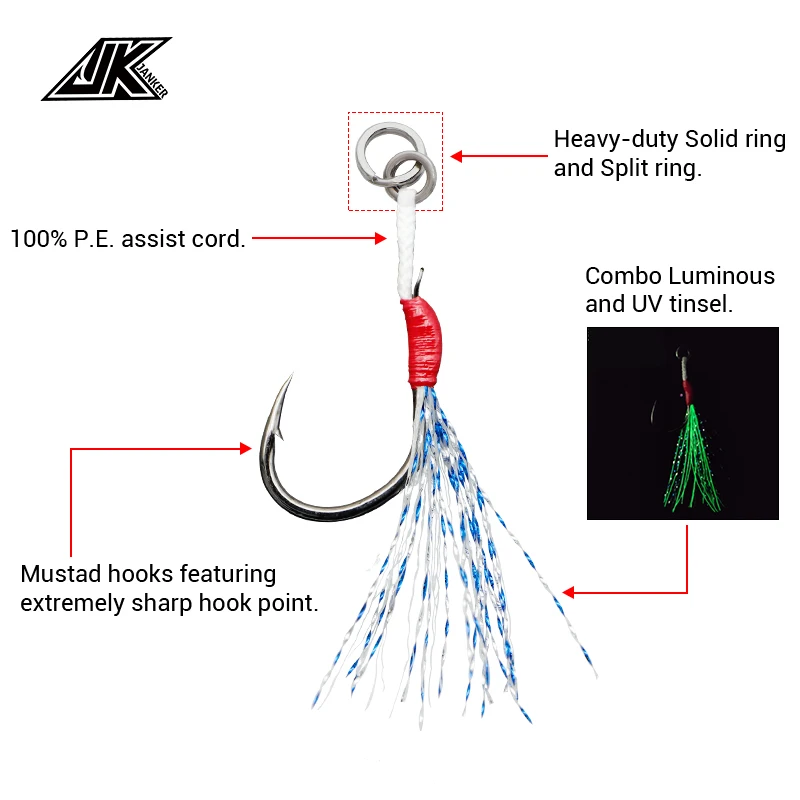 JK 2024 High Quality Shore Jigging Light Assist Hook Made Of High Carbon Steel Fishing Hook Very Sharp Hook Tip For Saltwater
