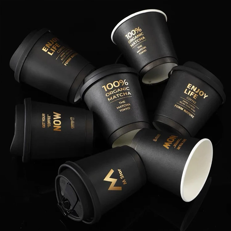 Wholesale Disposable Printed 8oz 12oz 16oz Double Wall Gold Foil Stamping Kraft Paper Coffee Cup For Hot Drink