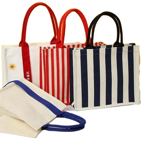 Women Striped recycled Customized Cotton Canvas Bags Casual Large Handbag Canvas bag manufacturer
