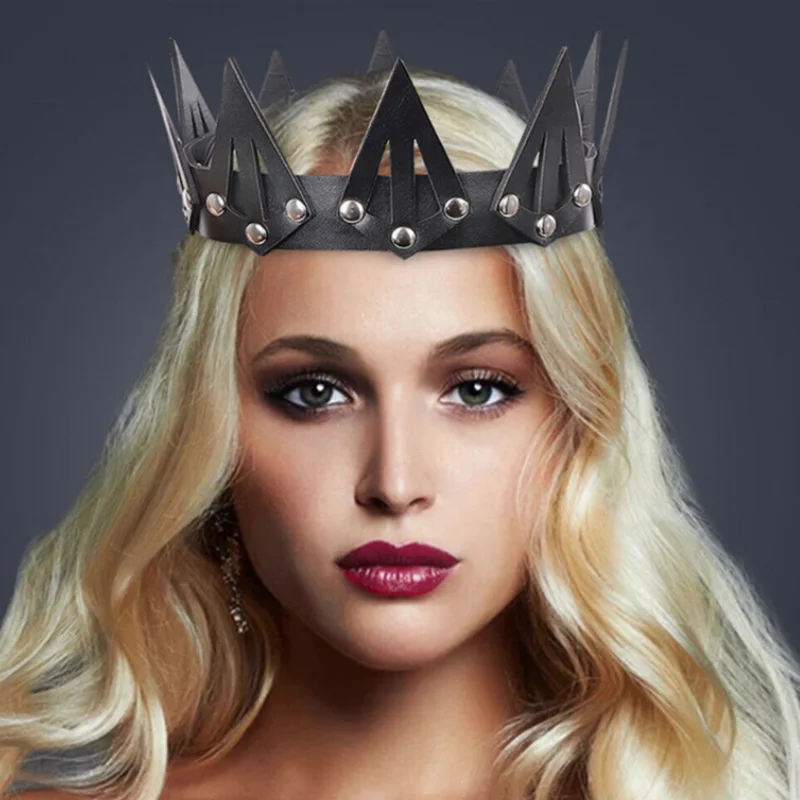 Cosplay Costume Unique Queen Crown Distinctive Faux Leather Black Tiara for Masquerade Formal Party Style Headband