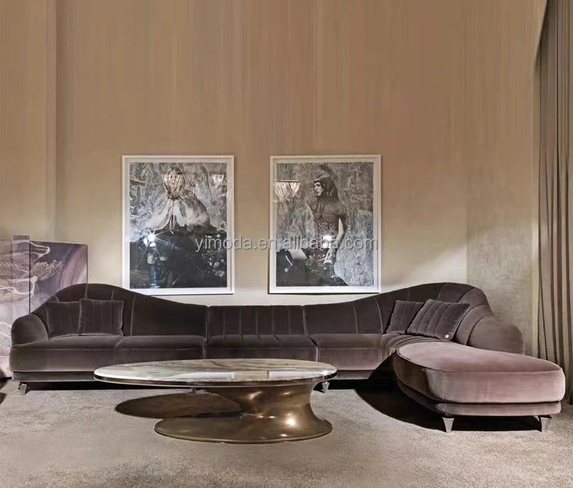 Minimalist Arc U shape Design Luxury Sofa Set Modern Brown velvet U shape Couches Salon Store Round Curved Sofa With Metal Base