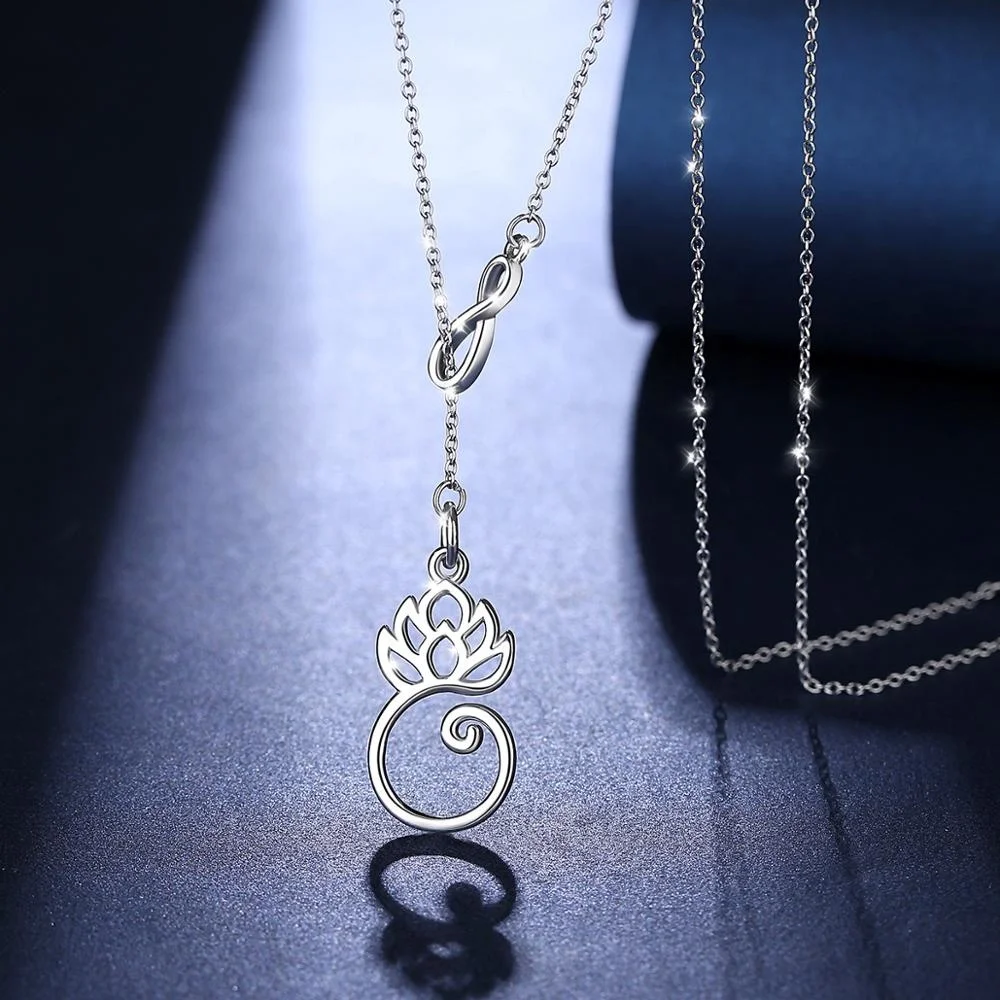 925 Sterling Silver Collarbone Charm Yoga Om Lotus Blossom Flower Necklace Pendant