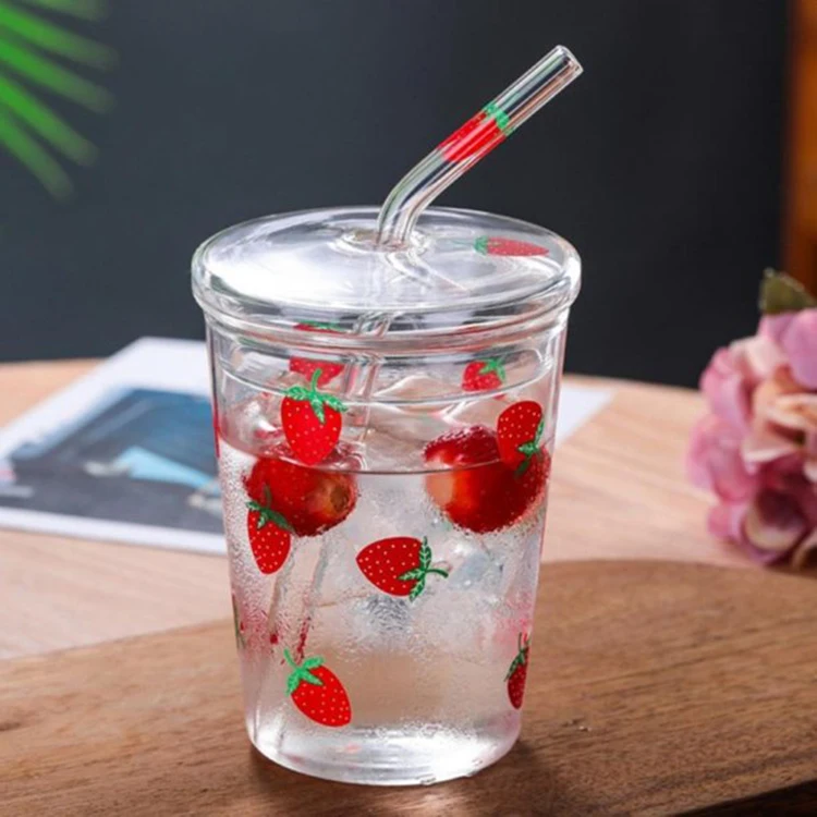 Promotion Heat-Resisting Strawberry Pattern Coffee Juice Drinking Water Glass Cup with Straw And Lid