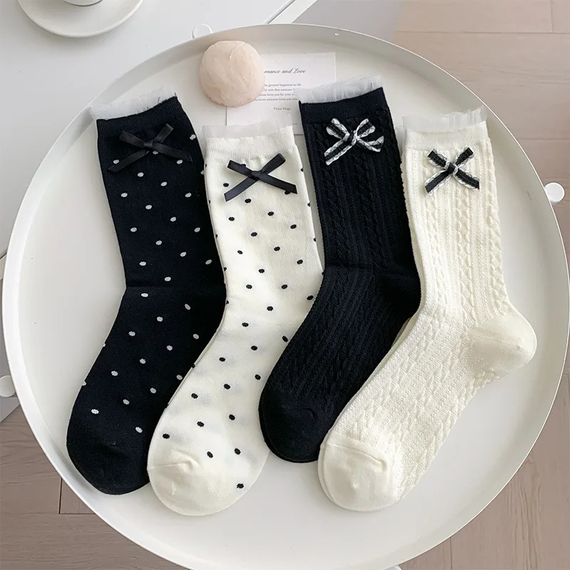 Spring Bow Breathable Socks Korean Style JK Mid Tube Socks Sweet Balletcore Girls Hollow Mesh Anti Pilling Pile Socks