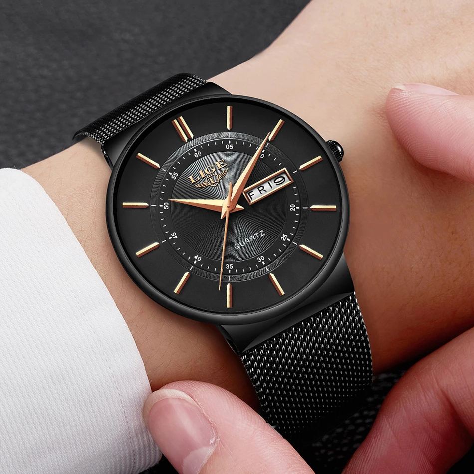 Lige 9949 Casual Mens Quartz Wristwatch Reloj Stainless Steel Calendar Luxury Men Watches Waterproof