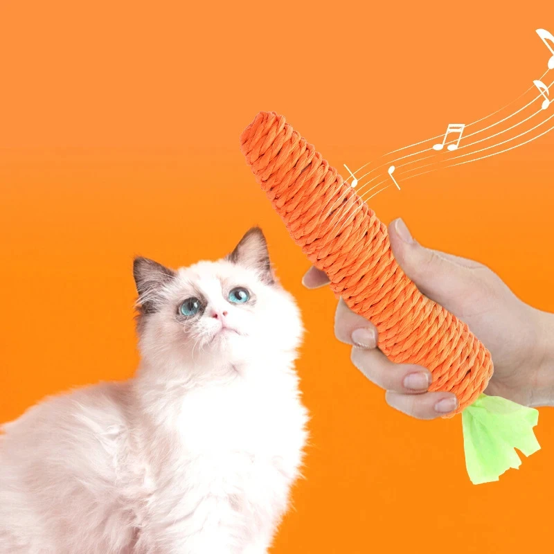 Wholesale Handmade Sisal Rope Bite-Resistant Carrot Shaped Pet Cat Sound Chew Toys Built-in with Ring