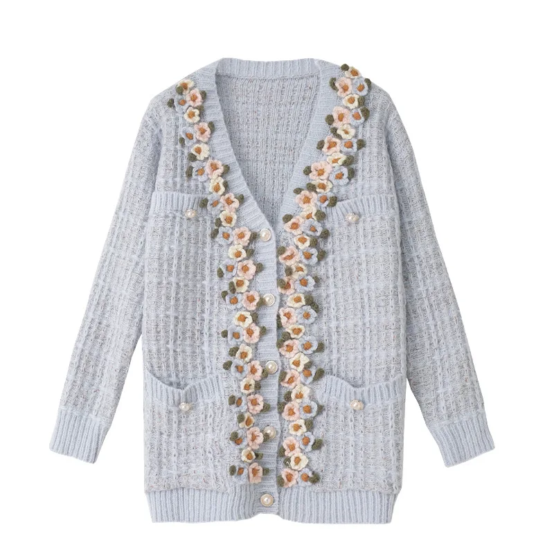 2021 NEW STYLE WHOLESALE MOHAIR HAND CROCHET EMBROIDERY  WOMENS SWEATER CARDIGAN V NECK FRONT BUTTON KNIT SWEATER