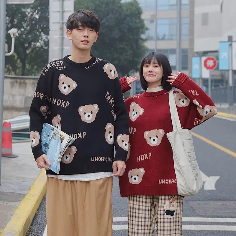 2021 Новое поступление осенне-зимний свитер с круглым вырезом и длинными рукавами с милым медведем для влюбленных