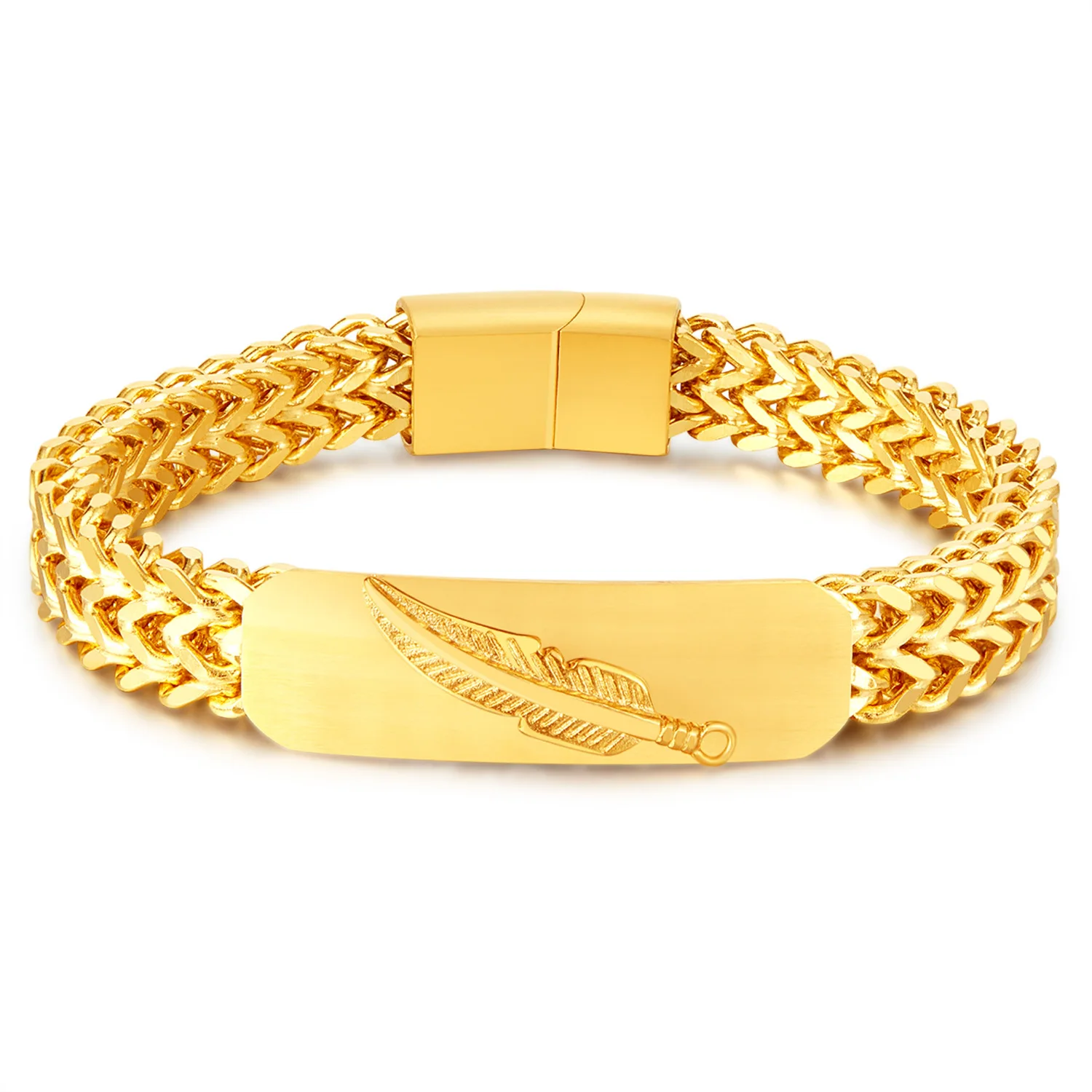 Wholesale Fashion Jewelry Accessories Personalized Hip Hop Feather 18k Gold Plated Stainless Steel Bracelet for Men