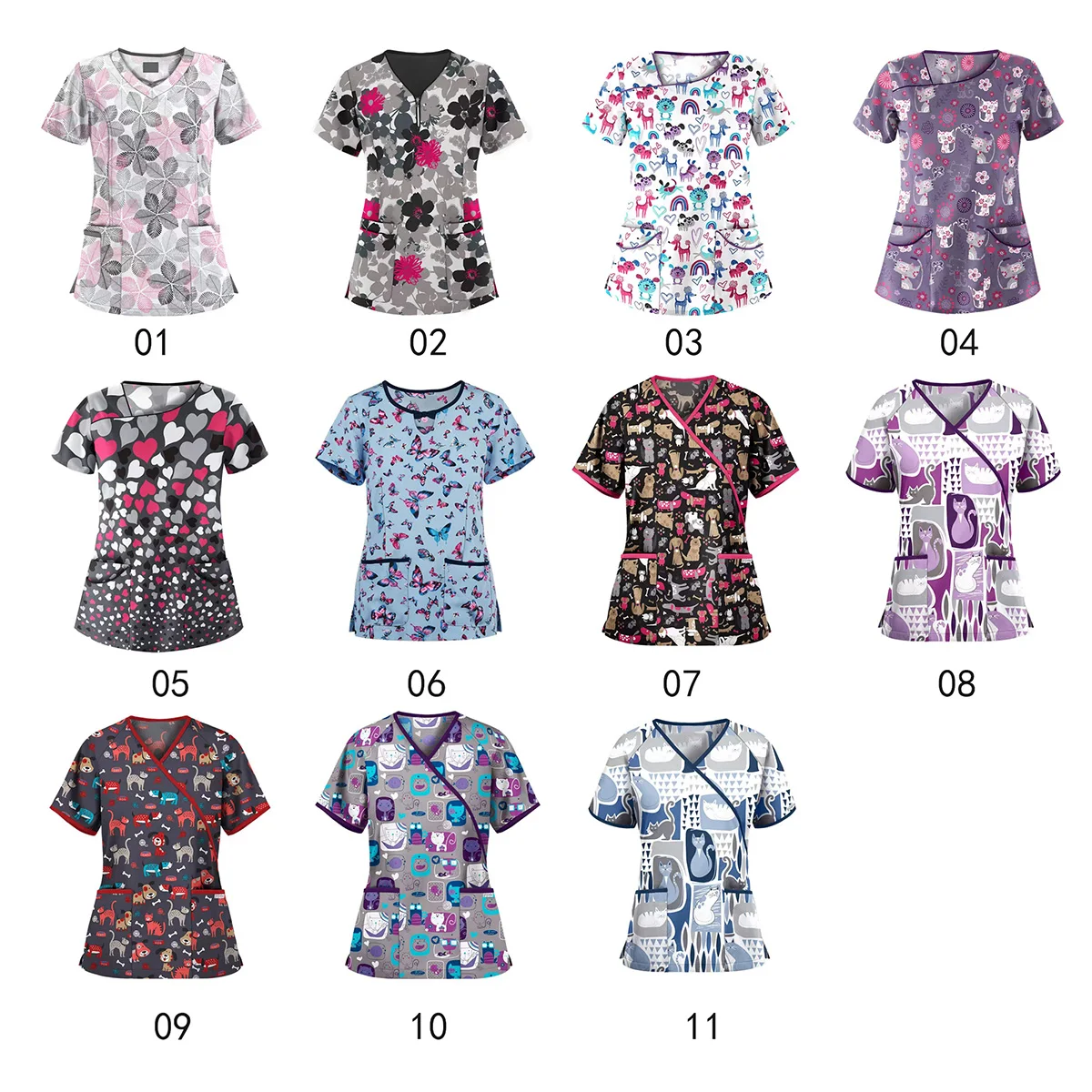 Top Selling Nursing Scrubs Short Sleeve Butterfly Print Tops Uniform For Nurse Women