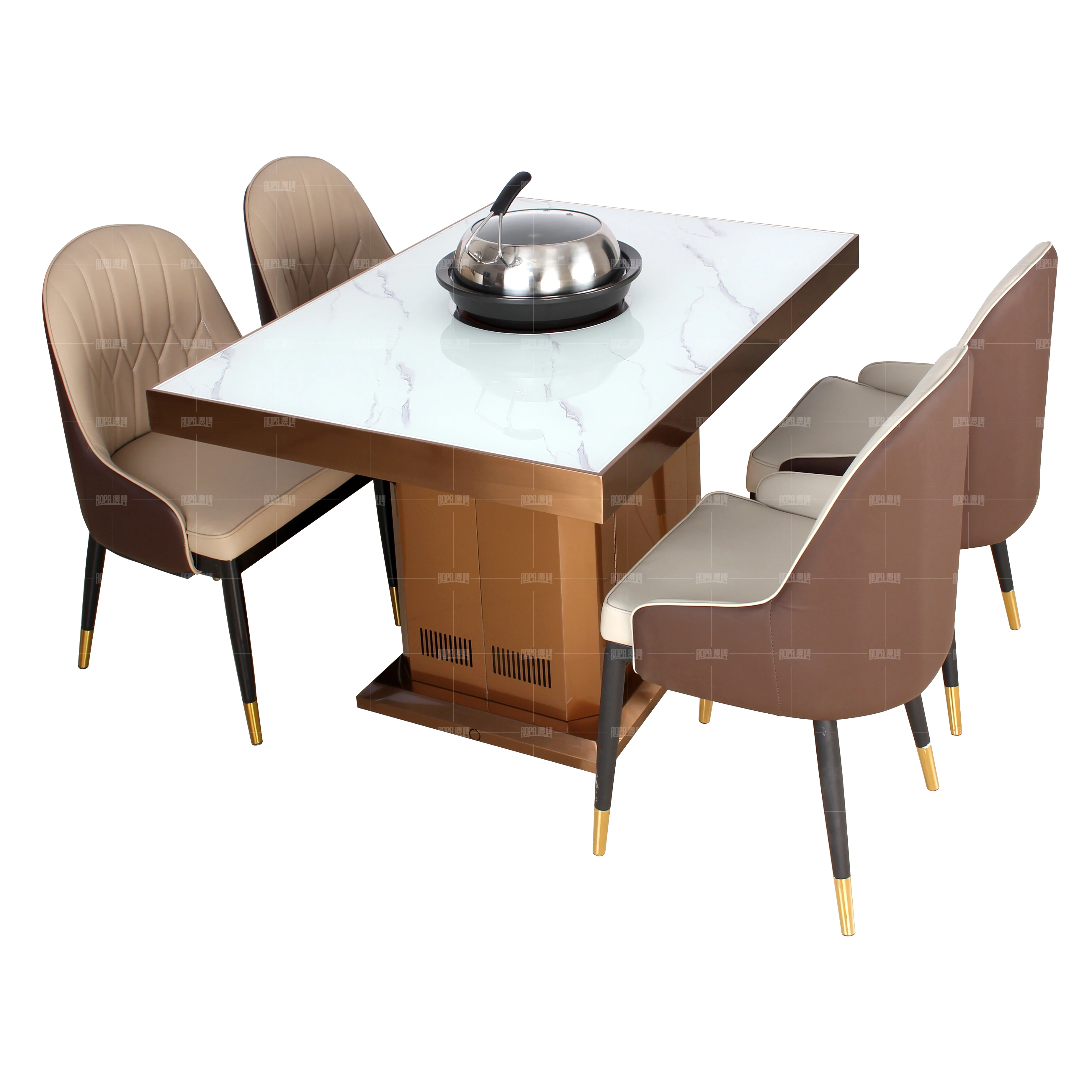 AOPA Tabletop Steam Cookers Hot Pot Dining Table Marble Tempered Glass Good Price Commercial 10mm Restaurant Table Modern 0.76M