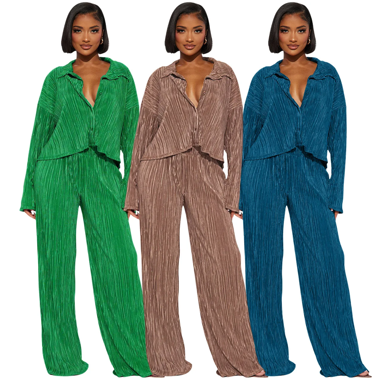 trending beauty products 2024 spring new arrivals ladies women 2pcs 2 two piece pleated pants and shirt set clothing for women