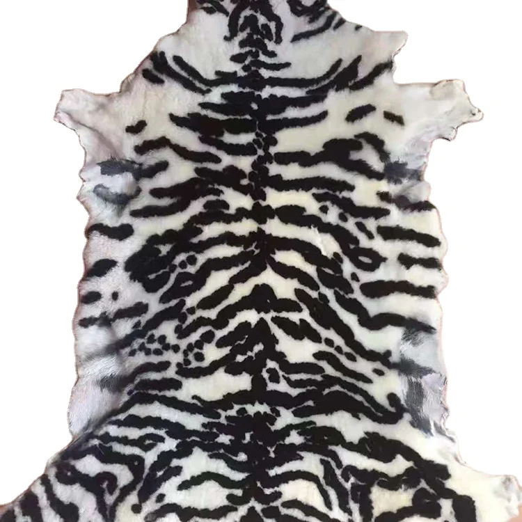 Real sheepskin fur rug long pile tiger shape printed animal genuine leather rug