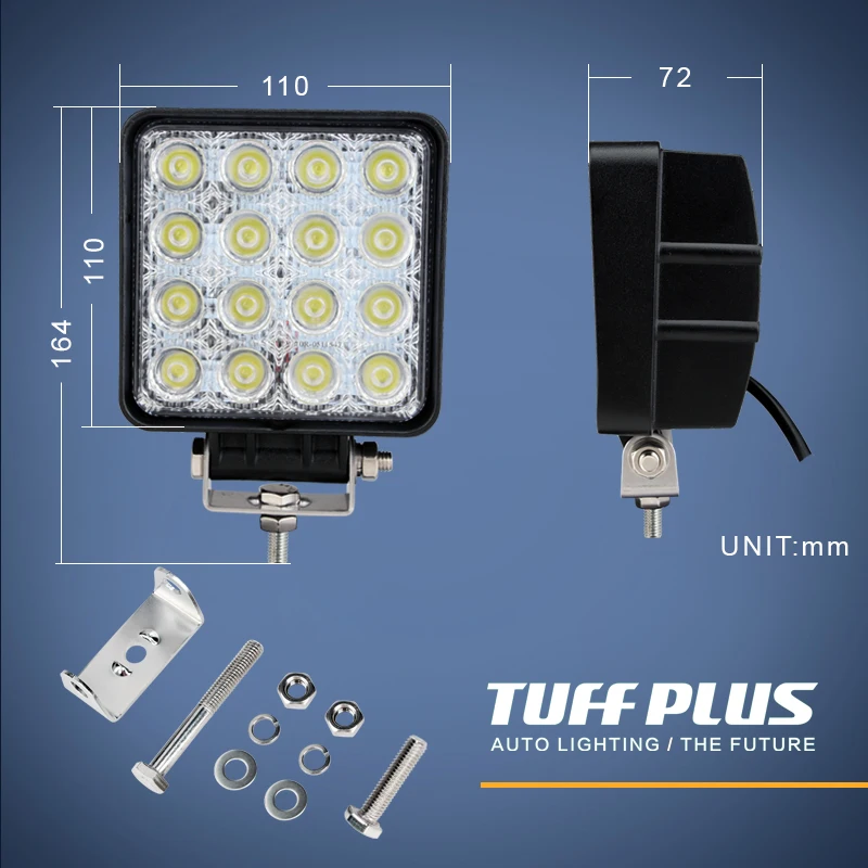 Tuff Plus 12V 24V 32V 48w super bright truck working light car spot square led work light for truck suv