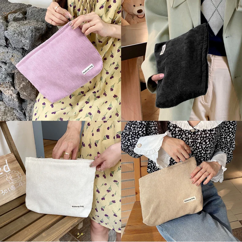 Custom Label Logo Vintage Corduroy Makeup Bag Colorful Pencil Case with Zipper Closure Soft Cosmetic Storage Pouch Clutch Women