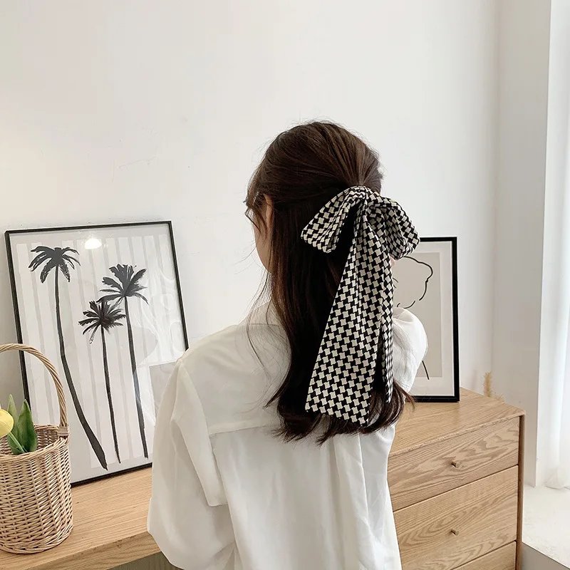 2021 new thin narrow long plaid silk scarf female temperament elegant hair band retro hair tie strap