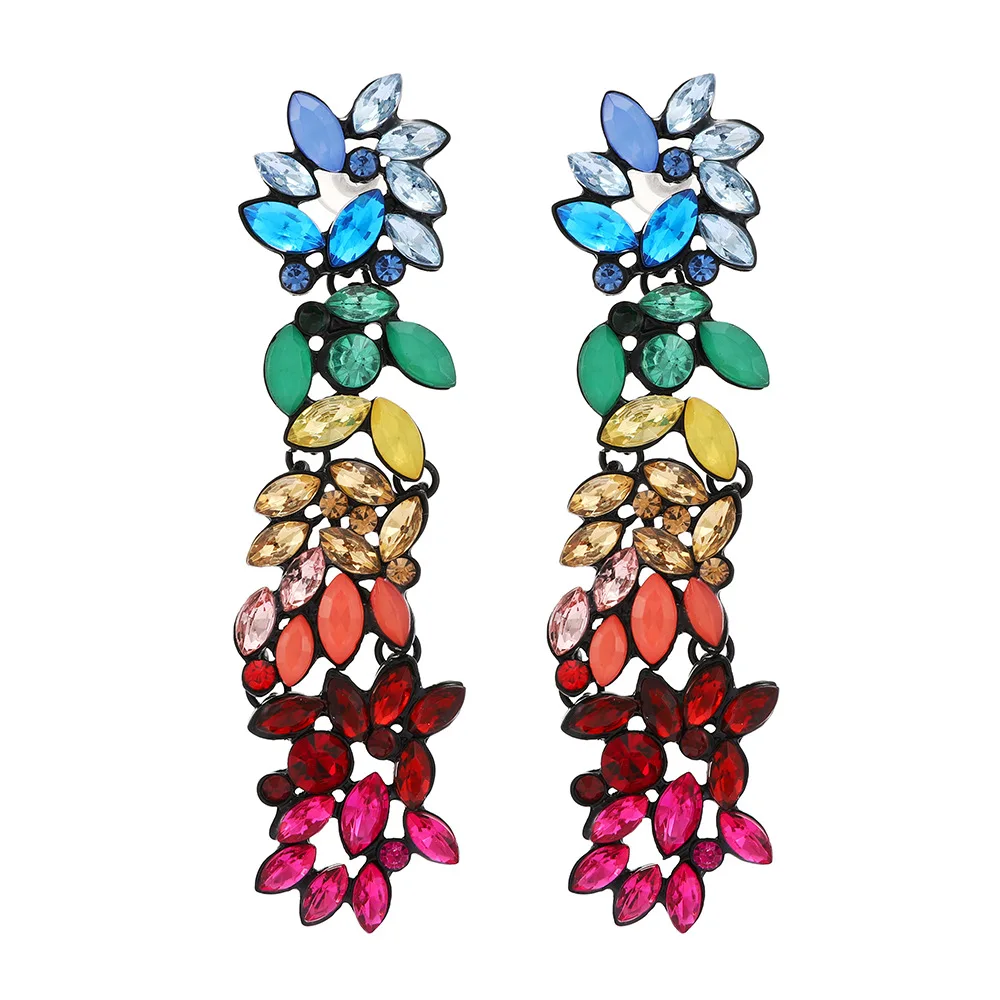 Fashion Boho Luxury Rhinestone Acrylic Statement Earring Crystal Long Flower Rainbow Drop Earrings For Women