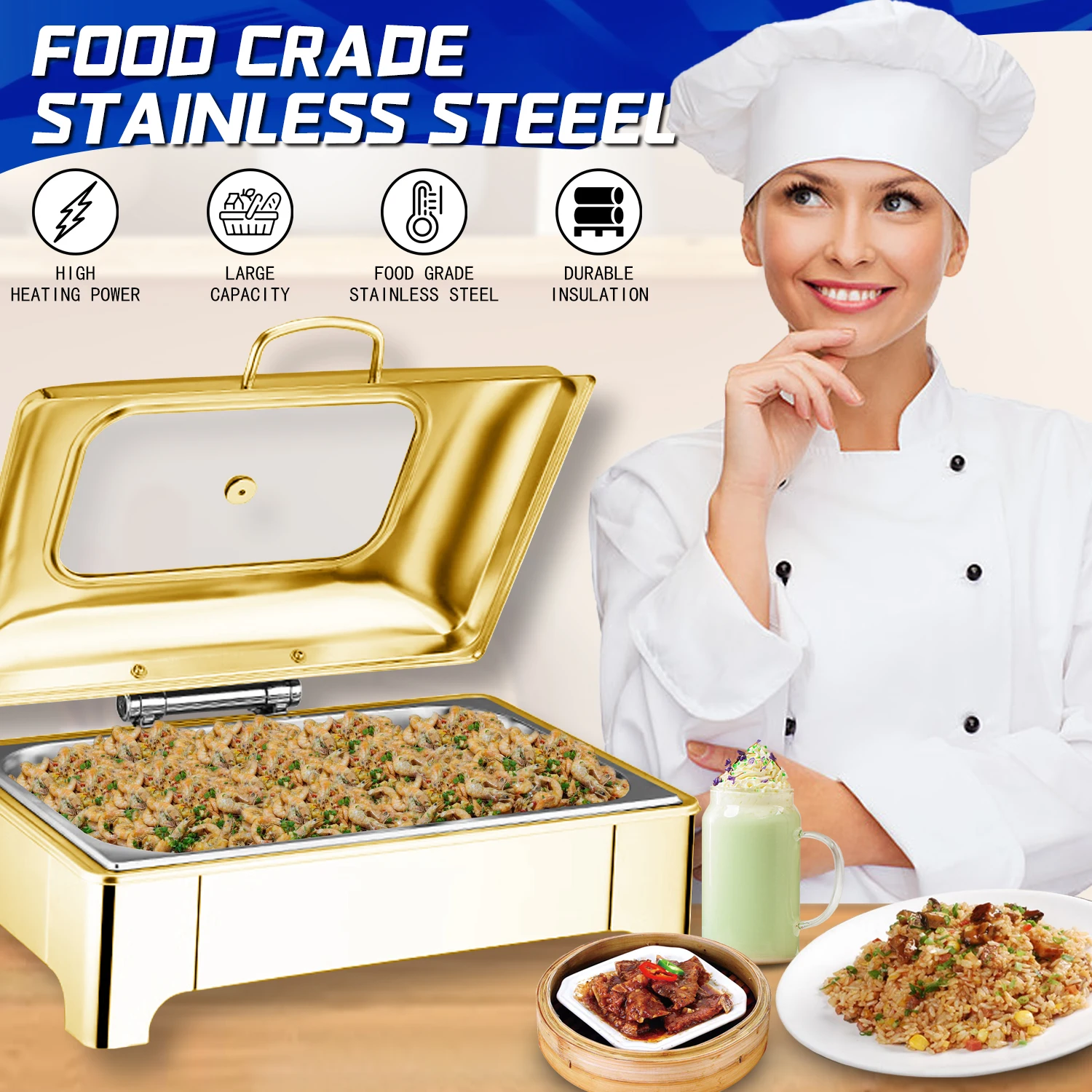 YITIAN Party Wedding Restaurant Hotel Buffet With Luxurious Gold Stainless Steel Arc Cover Stove Heating Device