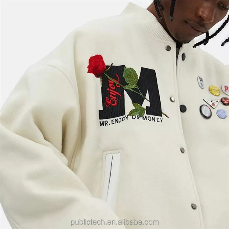 OEM Custom rose embroidery 100% wool vintage bomber baseball letterman jacket for men