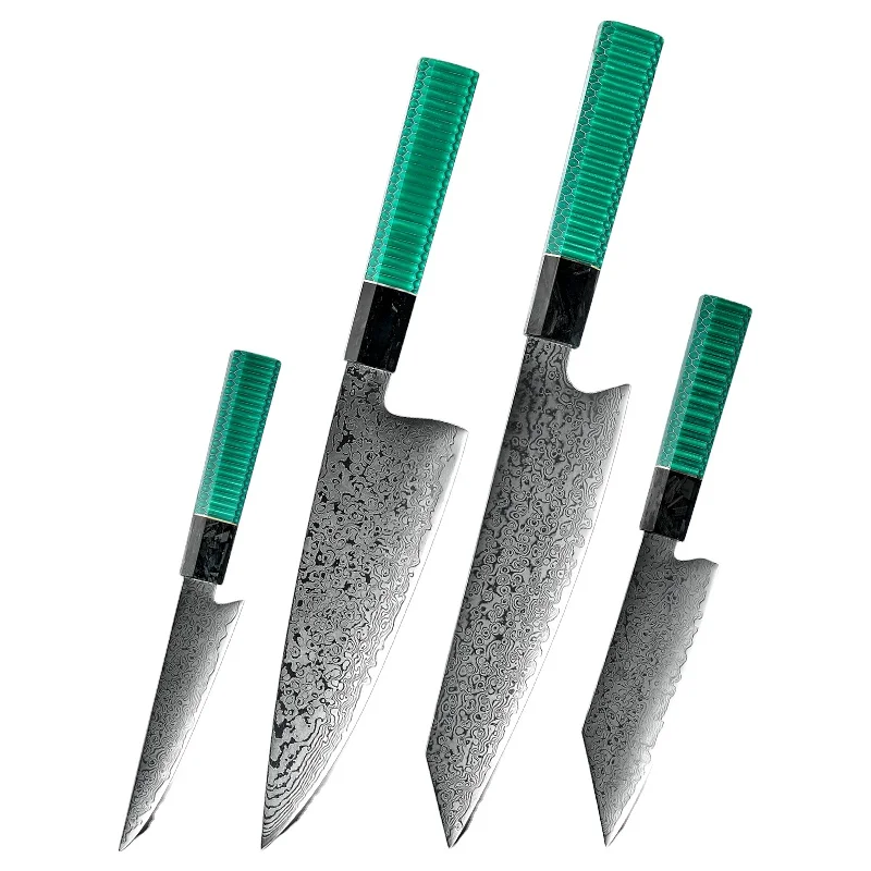 Japanese 67 Layers Damascus Steel Kitchen Knife Sets Chef Kiritsuke Utility Knife with Green Resin and Aluminum Comb Handle