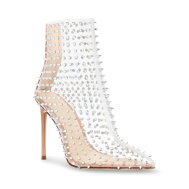 Large Size High Heel Transparent PVC Booties Clear Ankle Boots With Studs