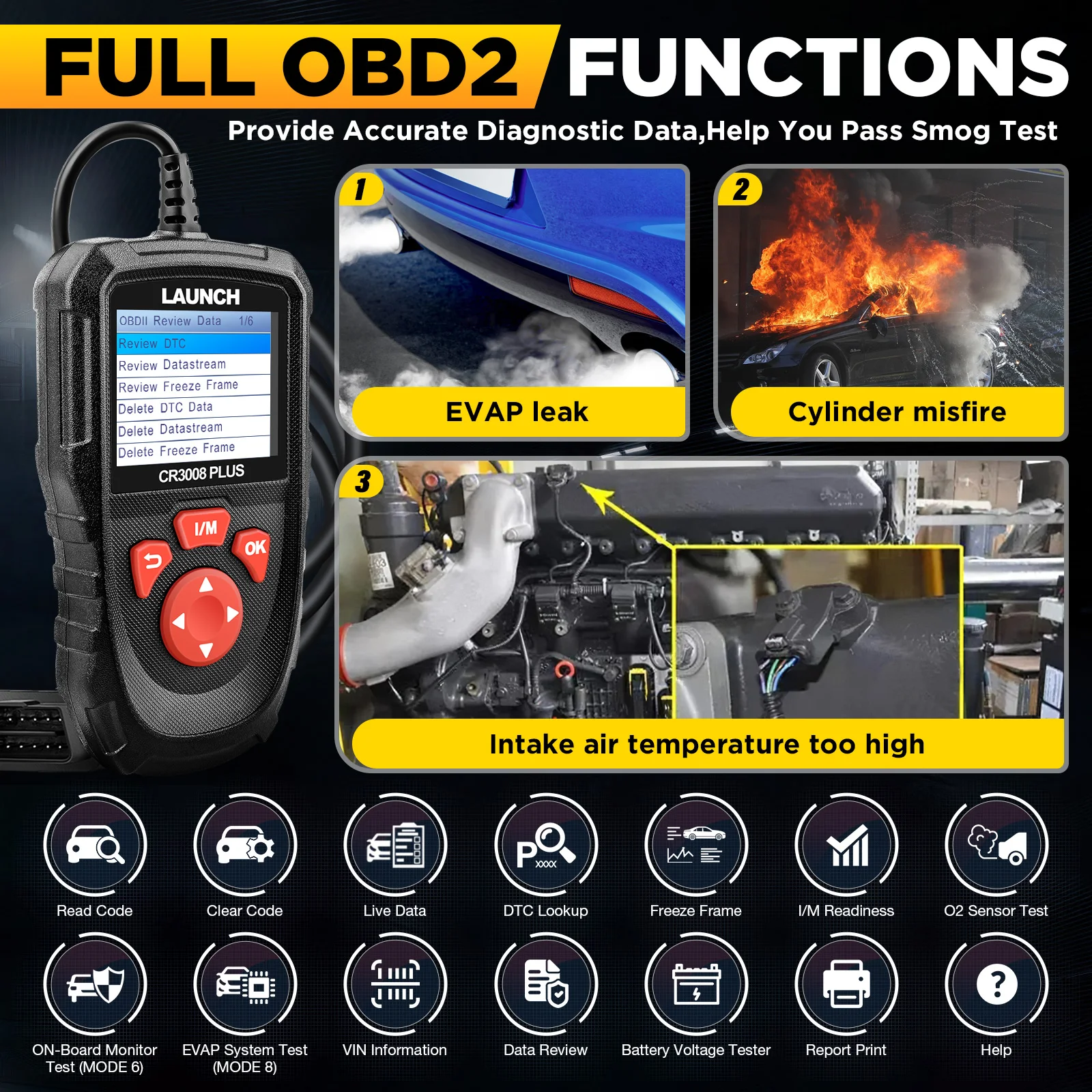 LAUNCH X431 CR3008 PLUS OBD2 Scanner Engine Code Reader OBD Car Diagnostics Tool Free Update ODB2 Automotive Scanner