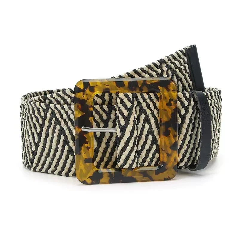 Новый женский эластичный широкий пояс из соломы с леопардовым принтом на пуговицах