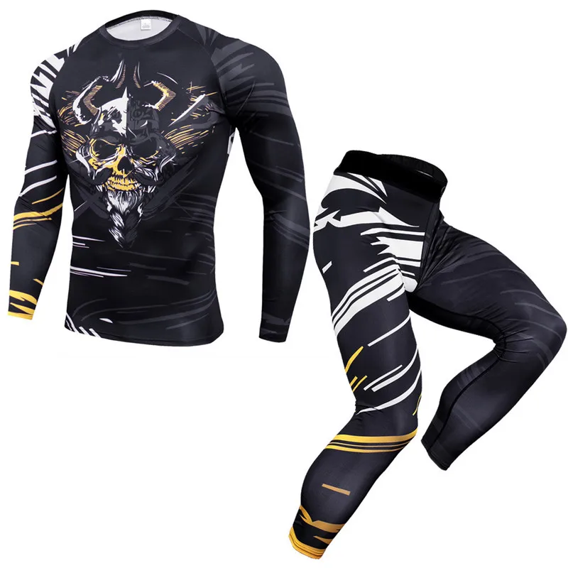 Custom Printed Mens Long Sleeve BJJ MMA Rash Guard Mens Compression Tights T shirt+leggings+shorts set