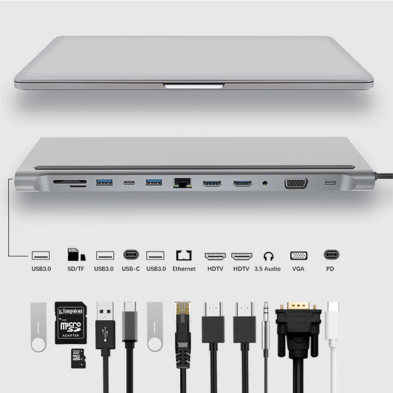 Custom logo USB Type C docking station 12 port usb 3.0 hub to PD/VGA/4K/USB3.0/rj45/SD TF card reader