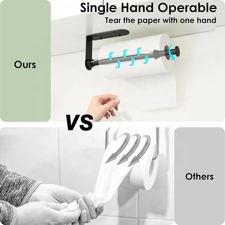 Kitchen Roll Holder Self-Adhesive Single Hand Operable Wall Mount with Damping Effect Paper Towel Holder Under Cabinet