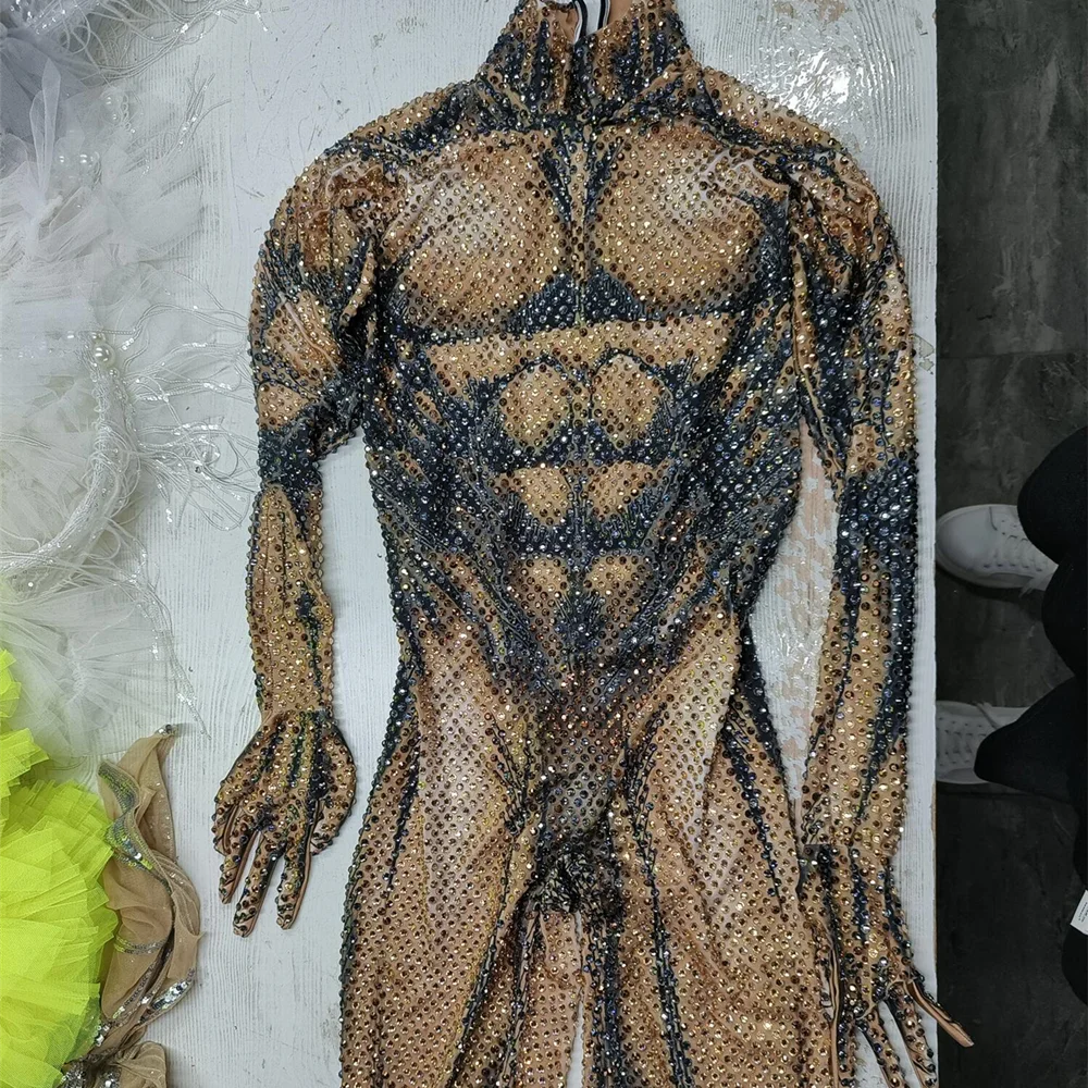 2023 Luxury See Through Crystal Bodycon Romper Stage Performance Dance Leotard Rhinestone Bodysuit Men Club One Piece Jumpsuits