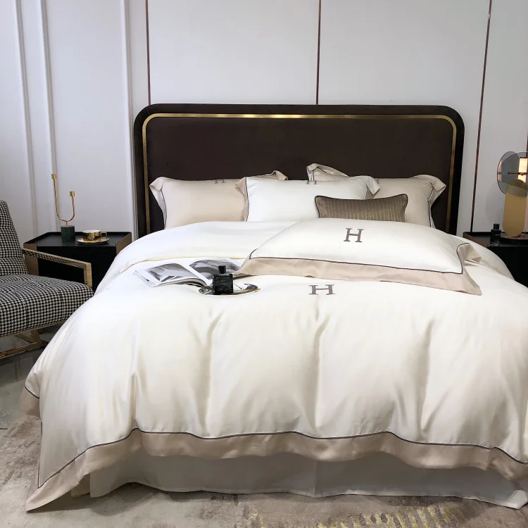 Embroidery tencel bed linen customized solid colors bedding set