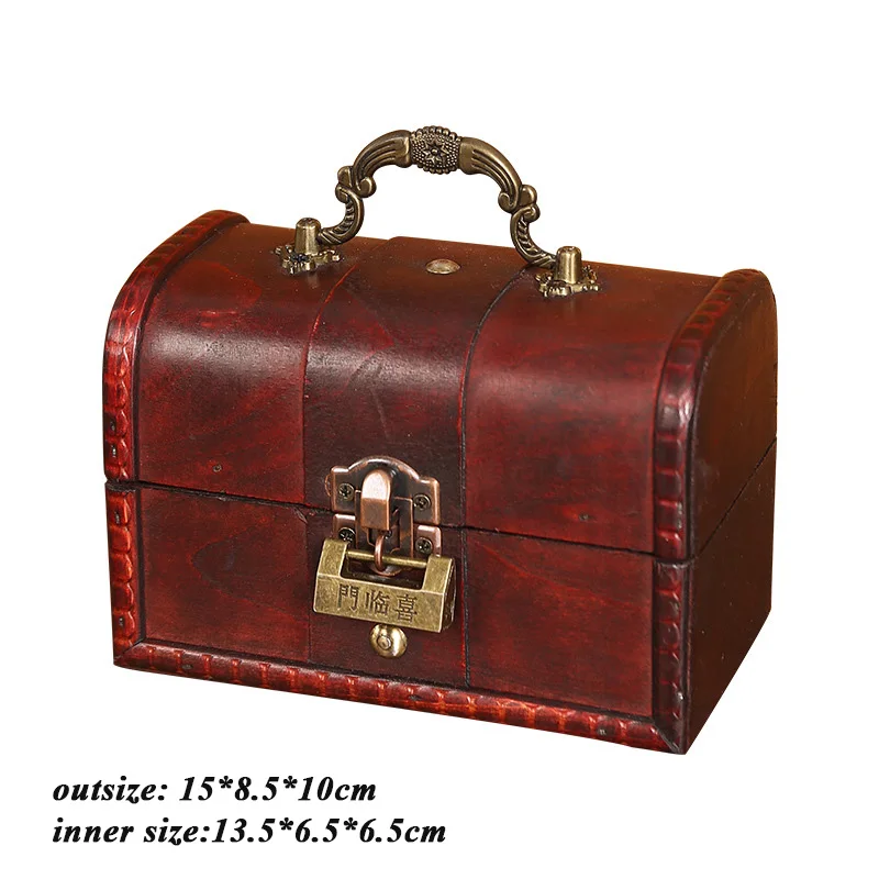 Antique Vintage Wooden Box  Small Metal Lock Jewelry Treasure Chest Handmade Retro Wood Organizer