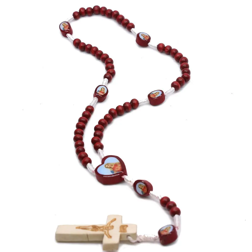 Christ Jesus Wooden Beads Rosary Bead Cross Pendant Red Chartlet Chain Necklace Religious Jewelry