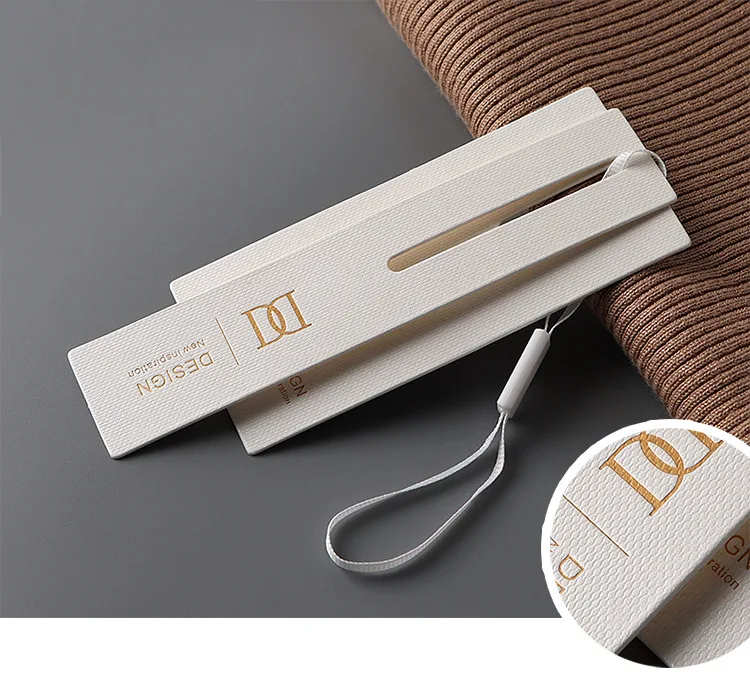 Custom Printing Brand Name Logo Clothing Out Swing Garment Labels Die Cut Hang Tag Embossed Paper Hangtags
