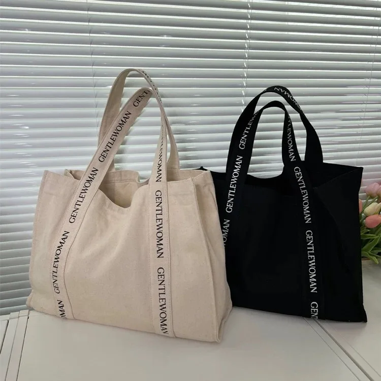 Custom Logo Large Gentle Women Gift Reinforced Handle Cotton Canvas Shoulder Tote Bag with Pocket