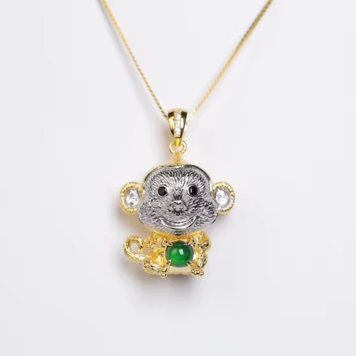 Fashion Jade Decorated Necklace Charms 925 Sterling Silver Gold Plated Monkey Fine Jewelry Pendants