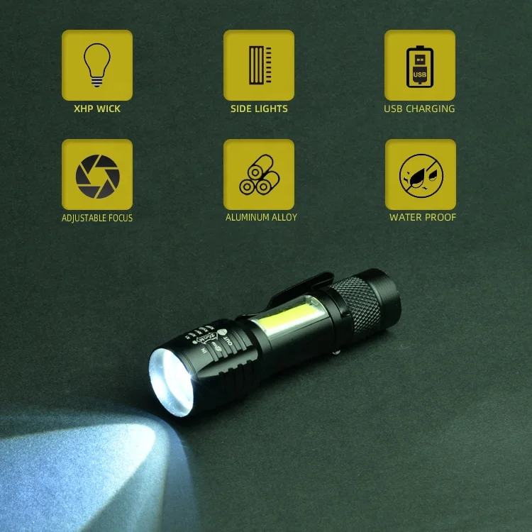 Portable clip on mini aluminum XPE with built-in battery, USB charging, retractable focus flashlight, 2-in-1 COB reading light