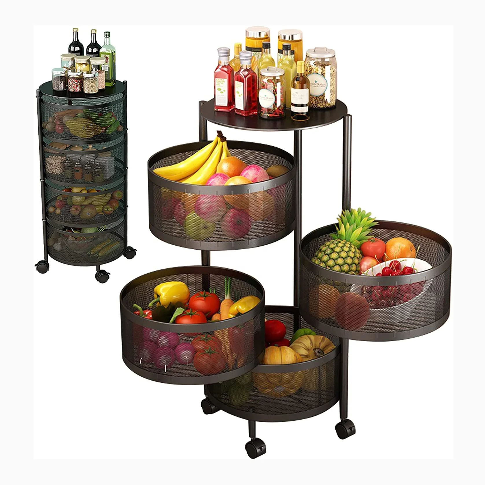 Movable Metal Stackable Black Household Bathroom Kitchen 360 Degree Rotating Rack Shelf Vegetable Fruit Metal Storage Basket